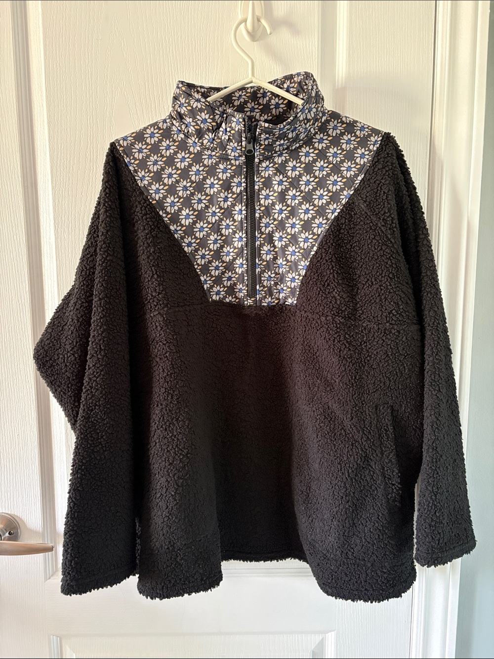 Black Sherpa Teddy Jacket with Floral Yoke